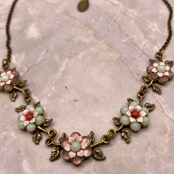 Michal Negrin Antique Tone Floral Necklace with Pink and Green Flowers. 16 inch - Picture 8 of 10